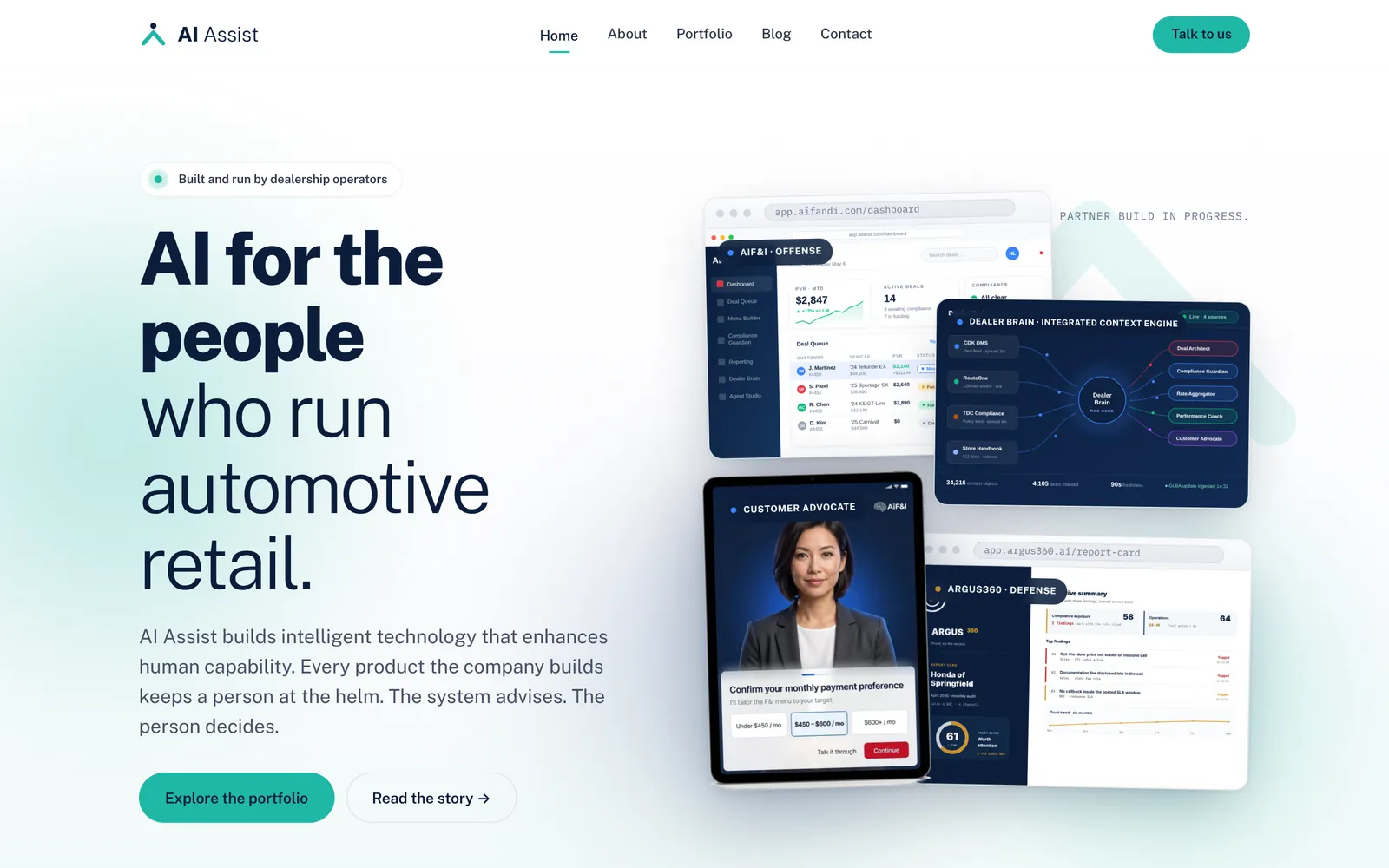 AI Assist homepage: AI for the people who run automotive retail, with product interface cards