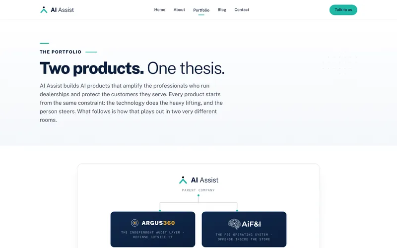 AI Assist portfolio page: Two products. One thesis, with Argus360 and AiF&I under the parent brand