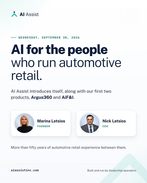 Launch graphic: AI for the people who run automotive retail, introducing founders Marina and Nick Letsios