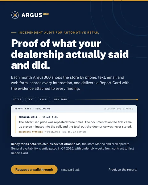 Launch graphic: Argus360, proof of what your dealership actually said and did