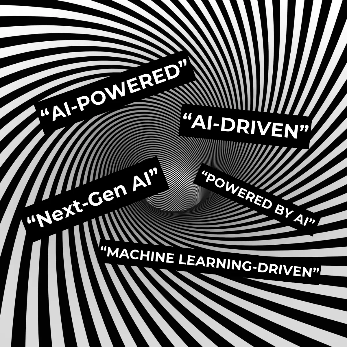 A black and white spiral ringed by phrases like AI-powered, AI-driven and Next-Gen AI