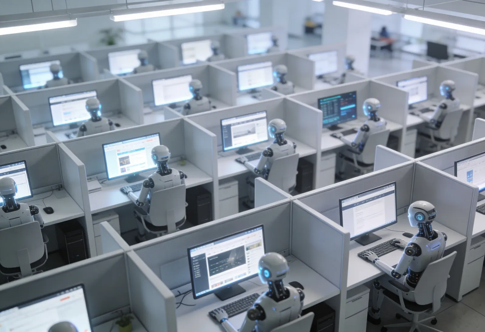 Rows of robots working at computers in an office