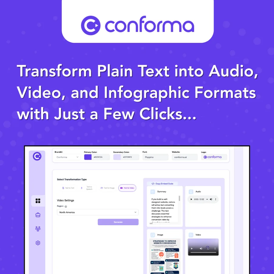 Conforma social ad: Transform plain text into audio, video and infographic formats with just a few clicks, above the brand kit screen