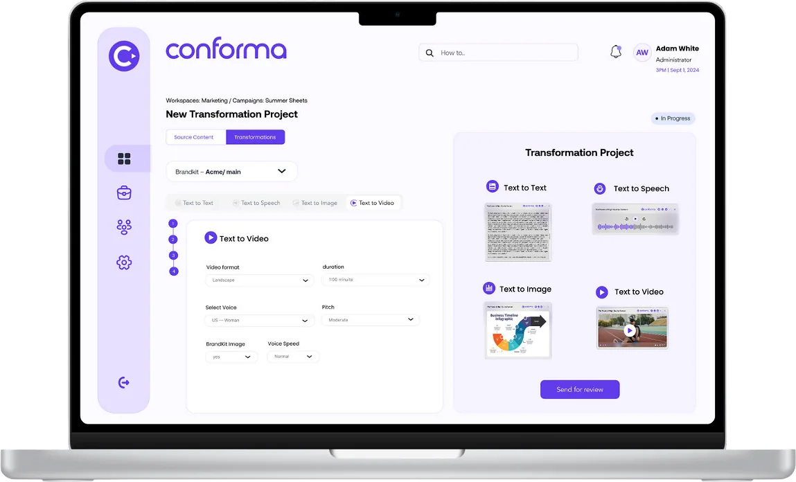 Conforma launch visual: the Transformation Project screen on a laptop, turning one text into speech, image and video