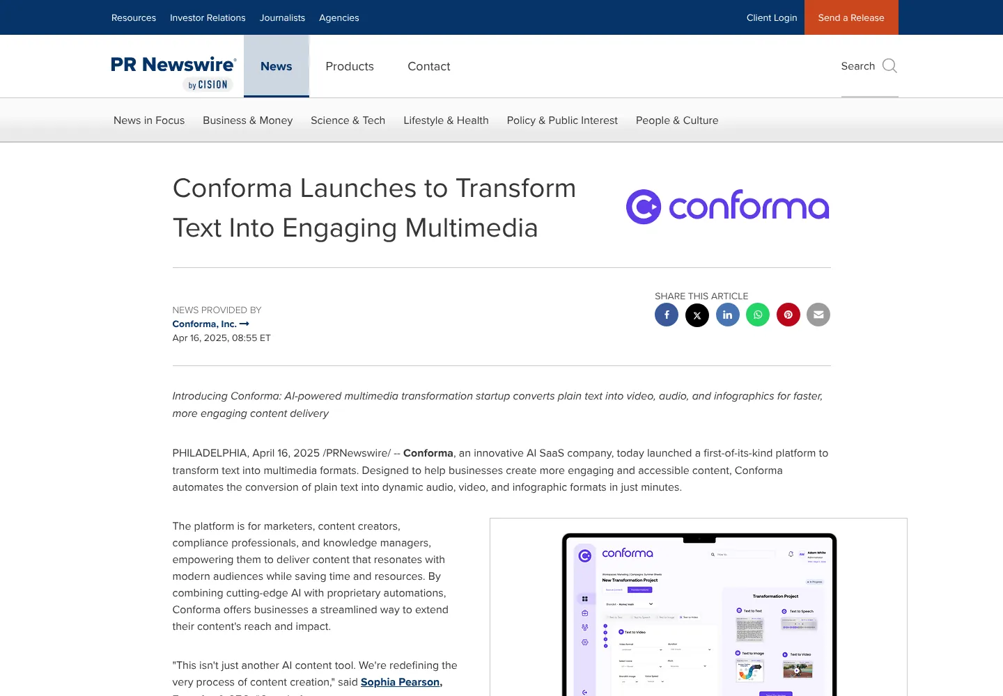 Conforma's launch release on PR Newswire, dated Philadelphia, April 16, 2025