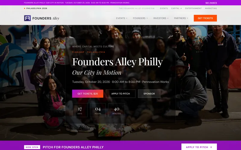 Founders Alley homepage for Founders Alley Philly, Our City in Motion, October 20, 2026