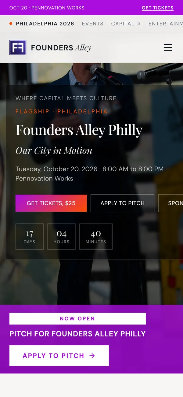 Founders Alley homepage on a phone