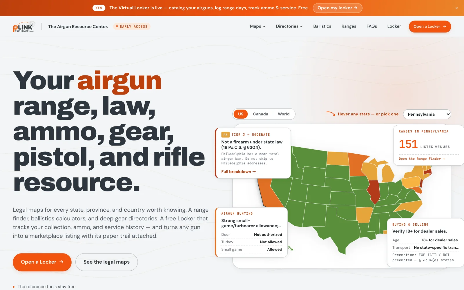 The plinkexchange.com homepage on a laptop: Your airgun range, law, ammo, gear, pistol, and rifle resource, beside a color-coded U.S. law map