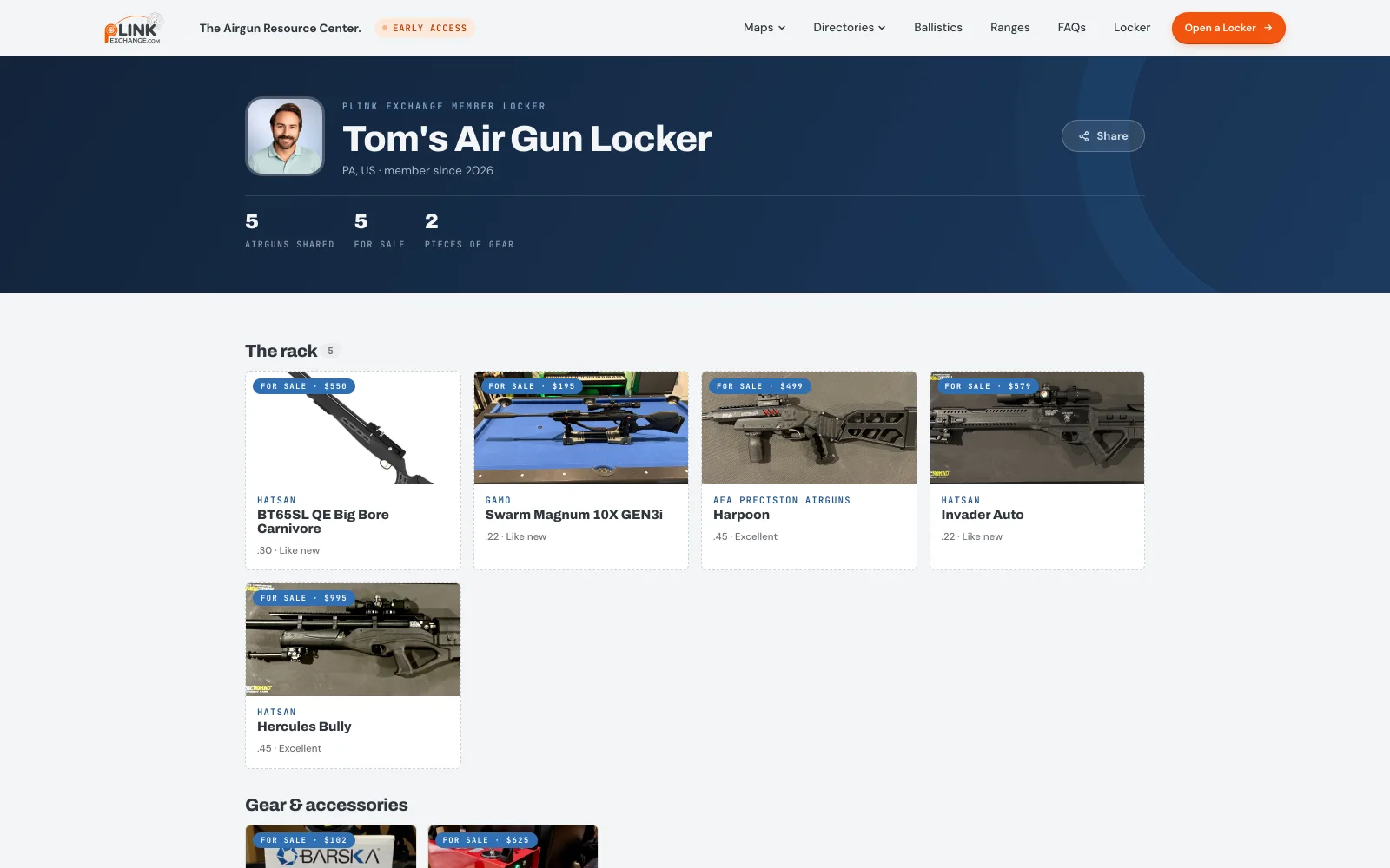 A member’s public PlinkExchange locker page showing their airguns and gear, with items marked for sale