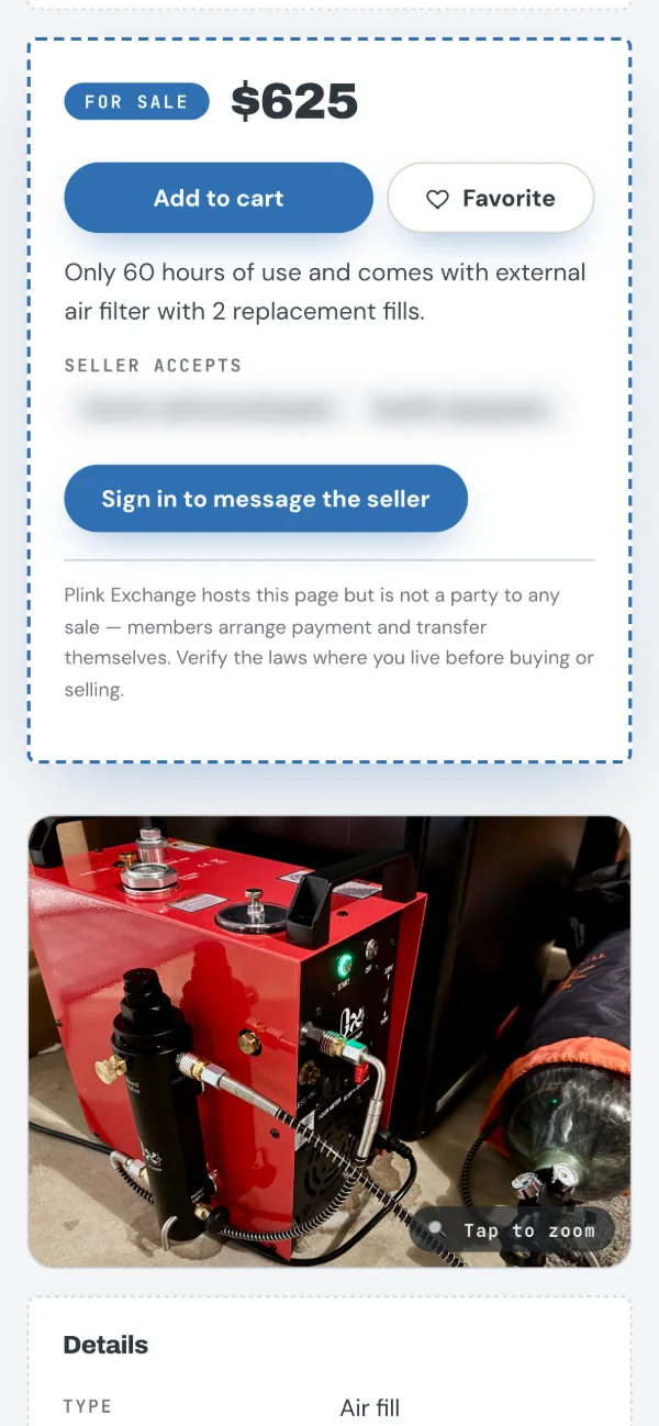 A PlinkExchange For Sale page on a phone for a $625 compressor, with Add to cart, Favorite, the seller’s accepted payment methods blurred and a button to message the seller