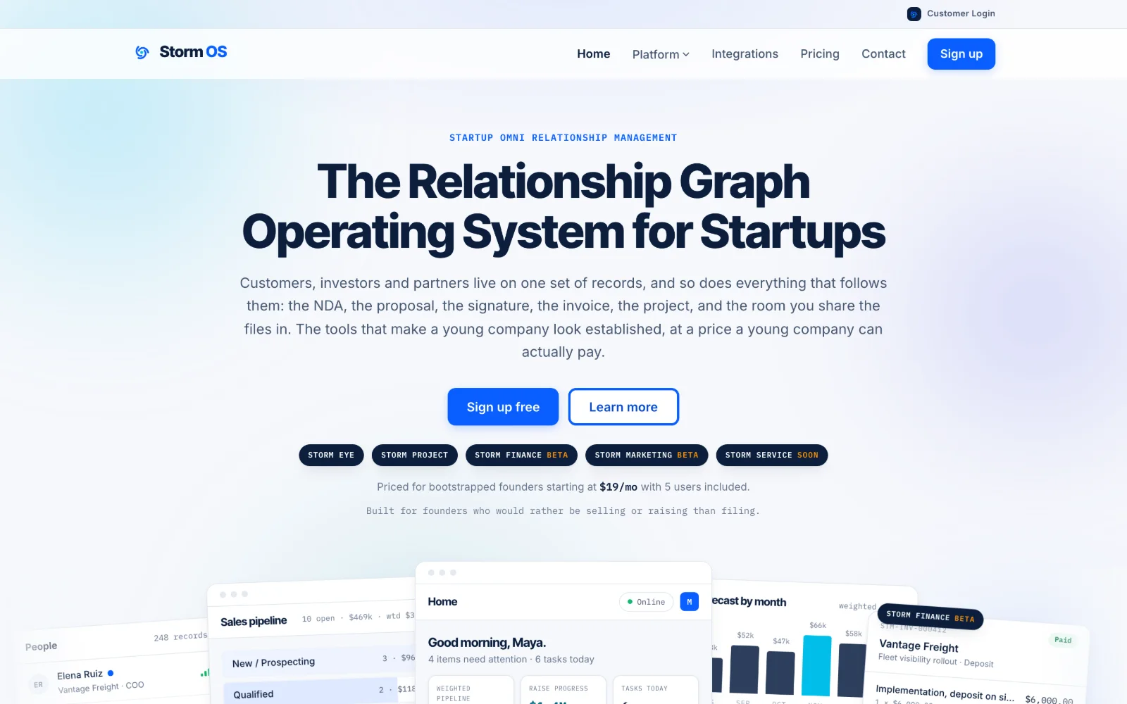 The storm-os.app homepage on a laptop: The Relationship Graph Operating System for Startups, with Sign up free and Learn more buttons and the five Storm modules