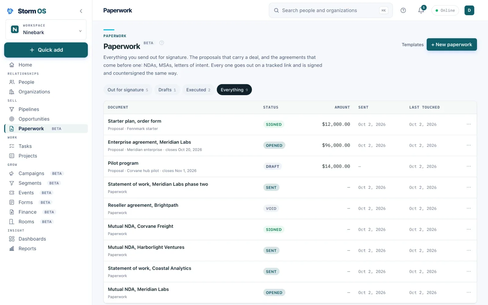 Storm OS Paperwork list of proposals, NDAs and statements of work with their status